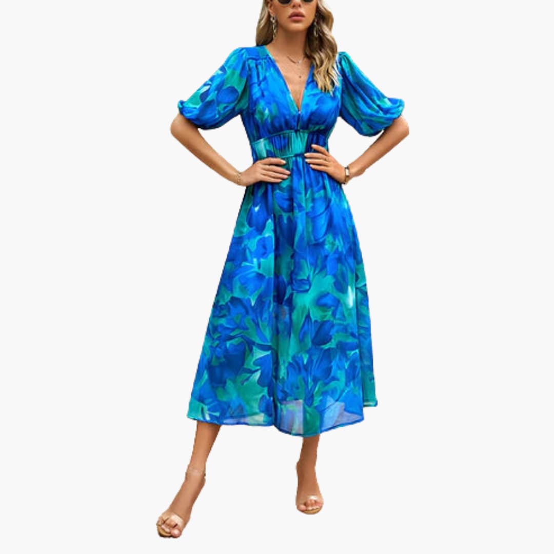 MW | Sommerliches Midikleid für Damen mit Blumendruck und Laternenärmeln
