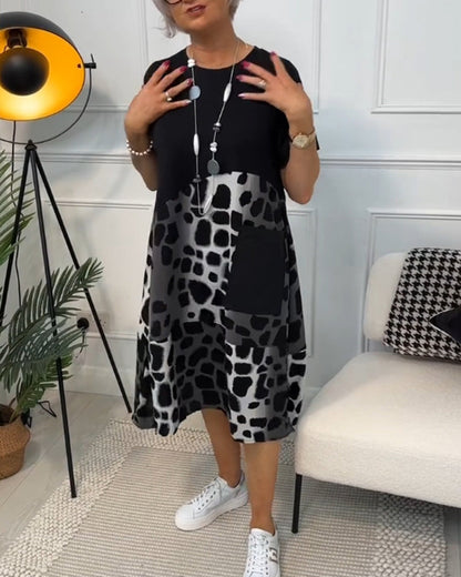 MW | Stilvolles kurzärmeliges Midikleid mit Leopardenmuster