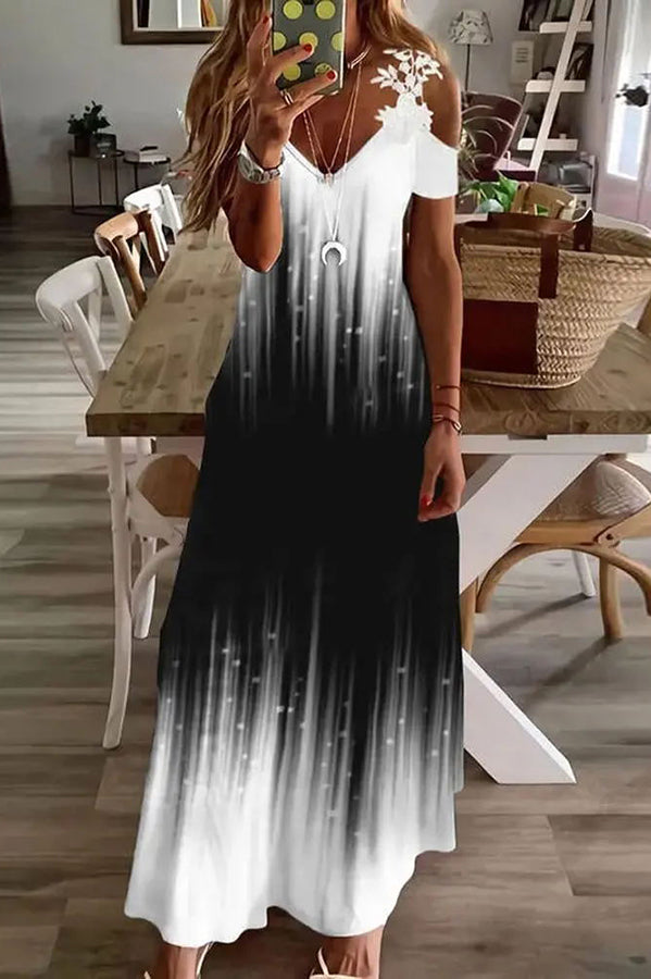 MW | Viana Kontrastfarbene Spitze Bedrucktes Maxikleid mit geraden Ärmeln