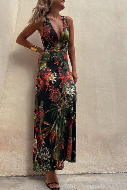 MW | RAINFOREST PARADISE TROPISCHEN DRUCK AUSSCHNITT ZURÜCK CROSSOVER STRETCH MAXI KLEID