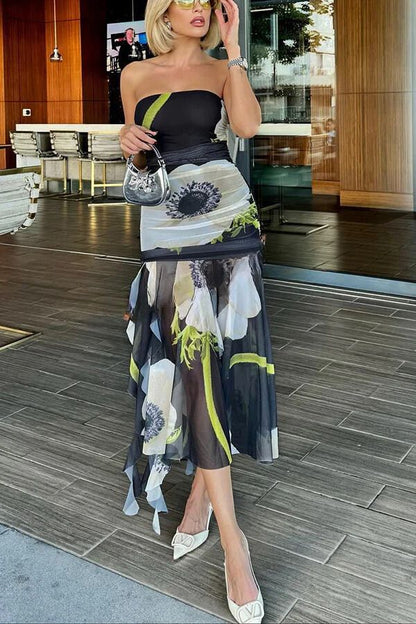 MW | Raquel Mesh Overlay Floral Print Schulterfrei Gerüscht Rüschen Stretch Midi Kleid