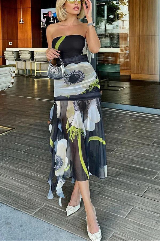 MW | Raquel Mesh Overlay Floral Print Schulterfrei Gerüscht Rüschen Stretch Midi Kleid