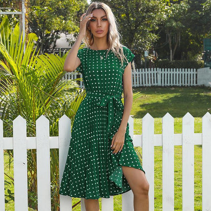 MW | Sommer Frauen Polka Dot Kurzarm Kleid Casual Bandage Party Plissee Midi Kleider Elegant Grün Büro Dame Kleidung