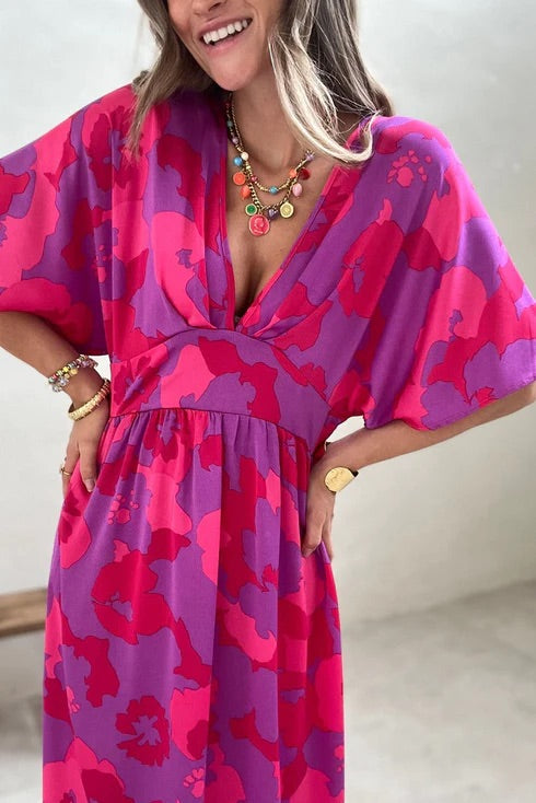 MW | Rose Abstrakter Blumendruck V-Ausschnitt Dolman Maxikleid