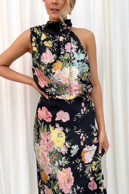 MW | Wein Land Termine Floral Halter Hals elastische Taille Maxi Kleid
