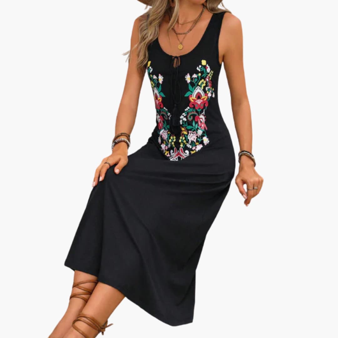 MW | Damen ärmelloses Midikleid mit floraler Stickerei