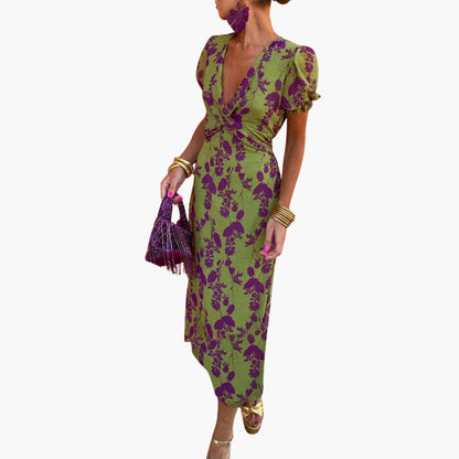 MW | Damen Sommer-Midikleid mit Puffärmeln und Twist-Taille
