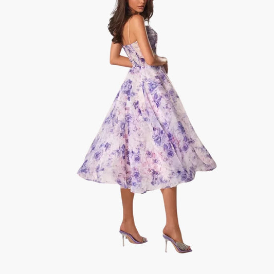 MW | Damen A-Linien Midikleid mit Blumendruck und Spaghetti-Trägern