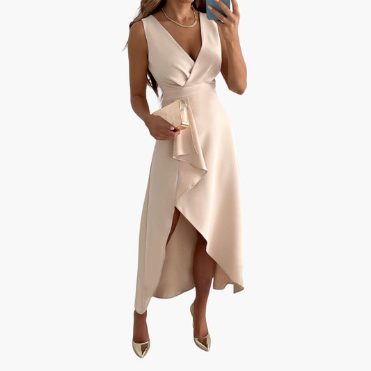 MW | Damen ärmelloses Midikleid mit V-Ausschnitt und High-Low-Saum