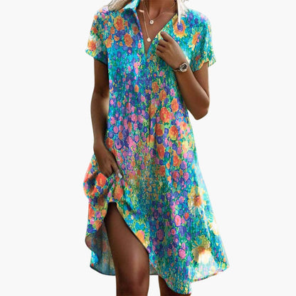 MW | Damen Boho Midikleid mit Taschen und kurzen Ärmeln