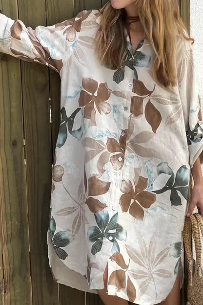 MW | Botanical Print Langärmeliges, einreihiges, lockeres Midikleid mit Taschen