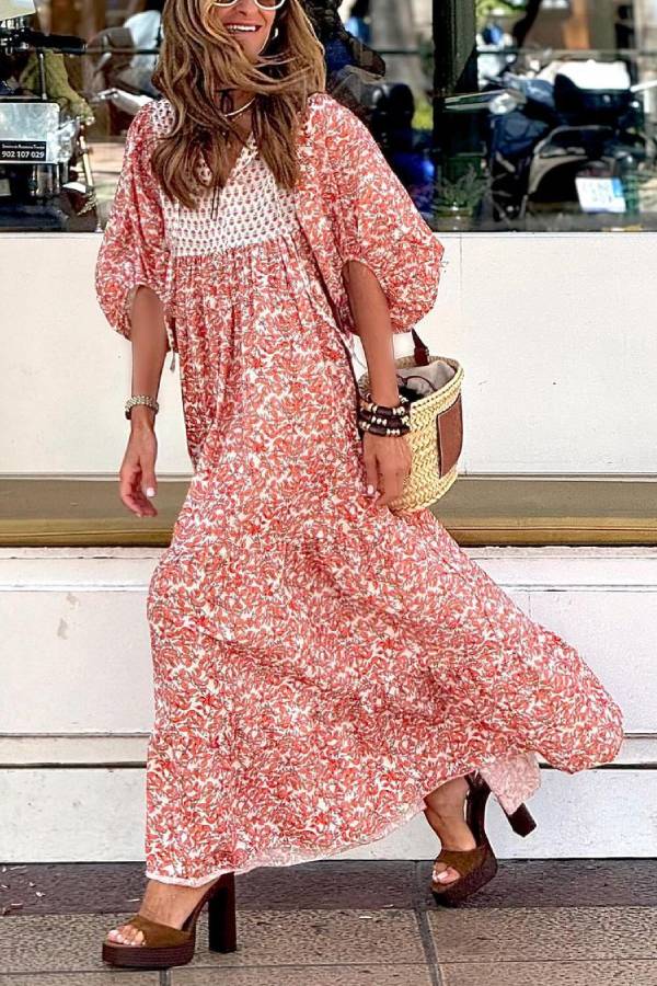 MW | Boheme Lifestyle Bedrucktes Maxikleid mit lockeren Puffärmeln