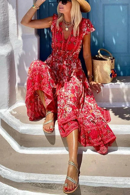 MW | Sommer in Griechenland Boho Print Rüschenärmel Elastische Taille Hoch-Tief Midi Kleid
