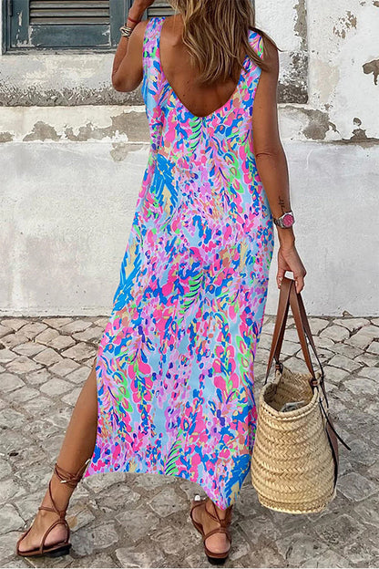 MW | Lila Fluoreszierend Bedruckt Rundhalsausschnitt Ärmelloses Maxikleid