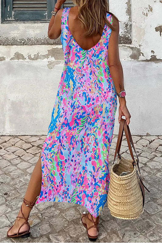 MW | Lila Fluoreszierend Bedruckt Rundhalsausschnitt Ärmelloses Maxikleid