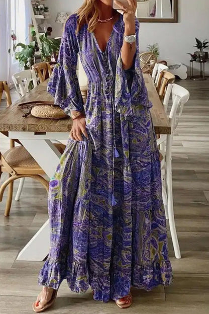 MW | V-Ausschnitt Lose Peris Print Urlaub Langarm Maxikleid