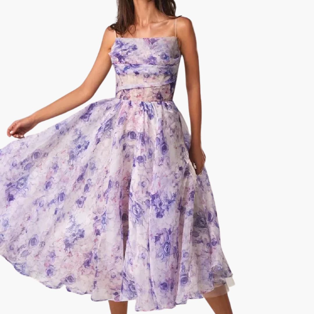 MW | Damen A-Linien Midikleid mit Blumendruck und Spaghetti-Trägern