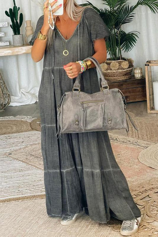 MW | Baumwolle und Leinen Patchwork Lässiges Maxikleid