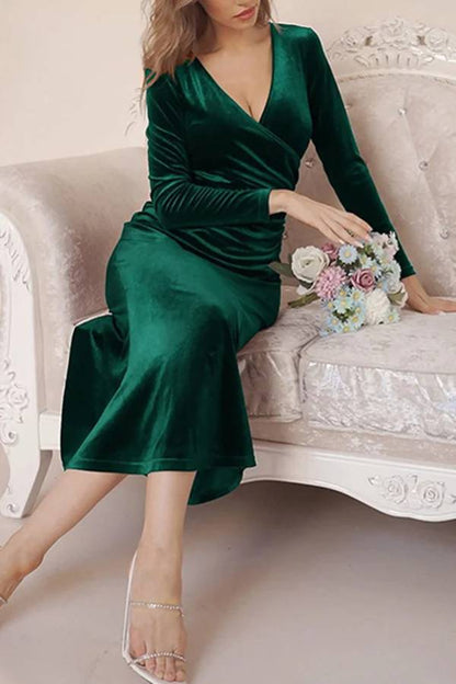 MW | Solide Samt Langarm V-Ausschnitt Slim Fit Fischschwanz Maxi Kleid
