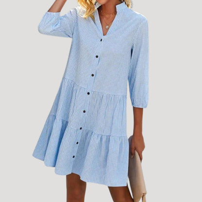 MW | Damen gestuftes, geknöpftes, kariertes Minikleid
