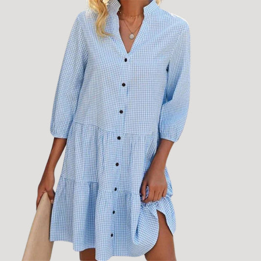 MW | Damen gestuftes, geknöpftes, kariertes Minikleid