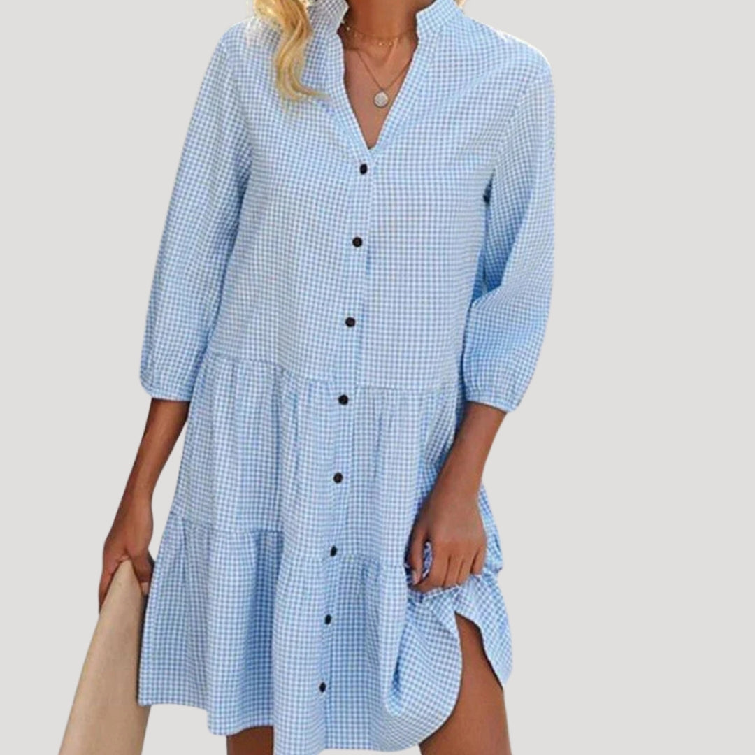 MW | Damen gestuftes, geknöpftes, kariertes Minikleid