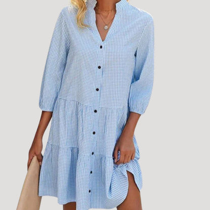 MW | Damen gestuftes, geknöpftes, kariertes Minikleid