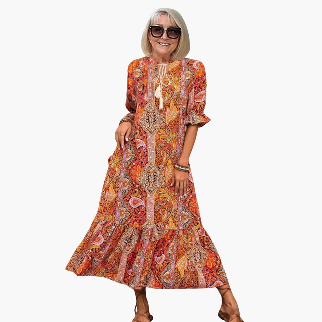 MW | Damen Boho-Midikleid mit halben Ärmeln und Paisley-Print