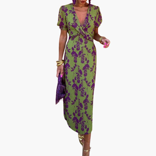 MW | Damen Sommer-Midikleid mit Puffärmeln und Twist-Taille