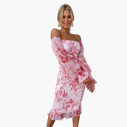 MW | Sommerliches Midikleid für Damen mit Blumendruck und transparenten Ärmeln