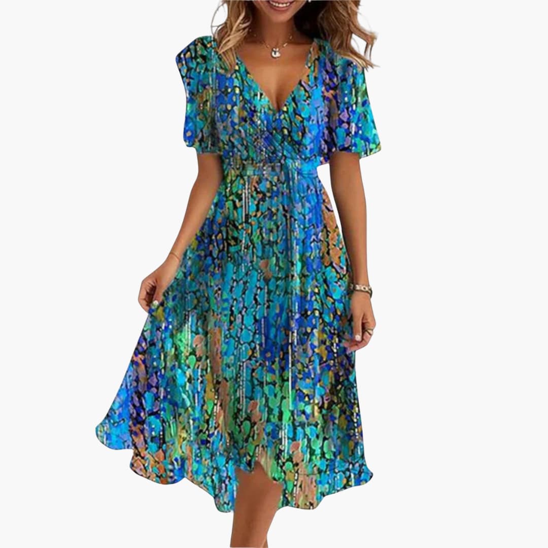 MW | Damen Sommer-Midikleid mit High-Low-Saum und V-Ausschnitt