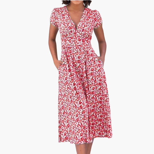 MW | Damen geblümtes Midikleid mit Taschen und kurzen Ärmeln