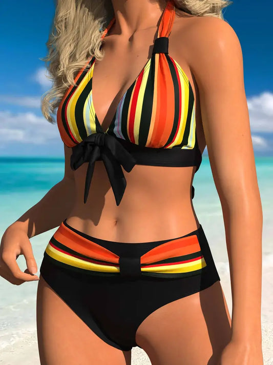 MW | Bunter Streifendruck Halter Bikini mit Kordelzug
