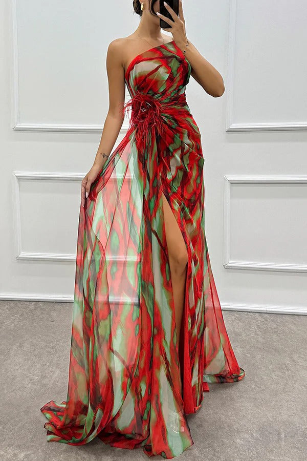 MW | Erstaunliche Ansichten Aquarell drucken Feder Rose Detail schulterfrei plissiert Schlitz Maxikleid
