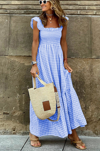 MW | Singing Solo Multi Plaid Maxi Kleid mit gesmoktem Oberteil