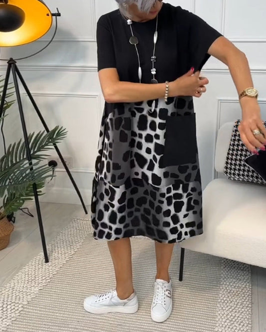 MW | Stilvolles kurzärmeliges Midikleid mit Leopardenmuster