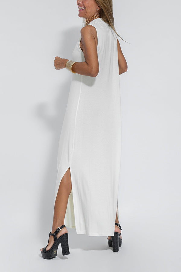 MW | Elegant ist ewig stricken solide Farbe ärmellose Schlitz Maxi Kleid