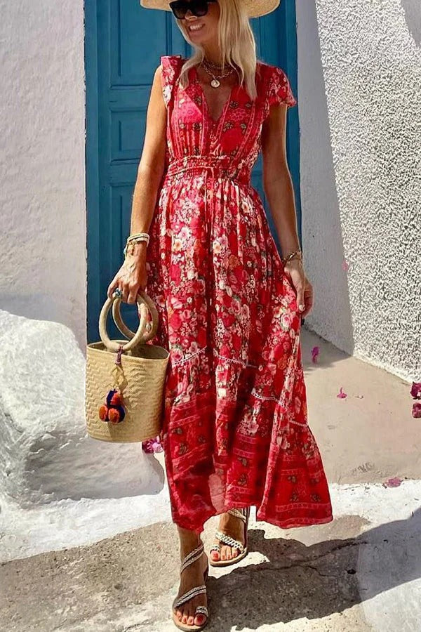 MW | Sommer in Griechenland Boho Print Rüschenärmel Elastische Taille Hoch-Tief Midi Kleid