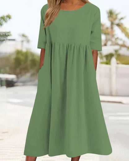 MW | Strand Kurzarm Rundhalsausschnitt Rüschen Swing Lässig Boho Midi Kleid mit Taschen