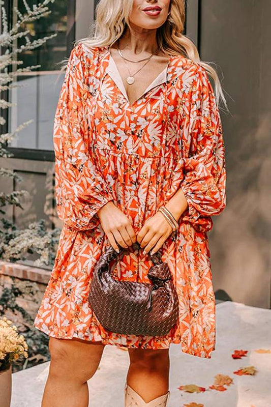 MW | Orange Floral Print Split V-Ausschnitt Bubble Sleeve Plus Size Midi-Kleid