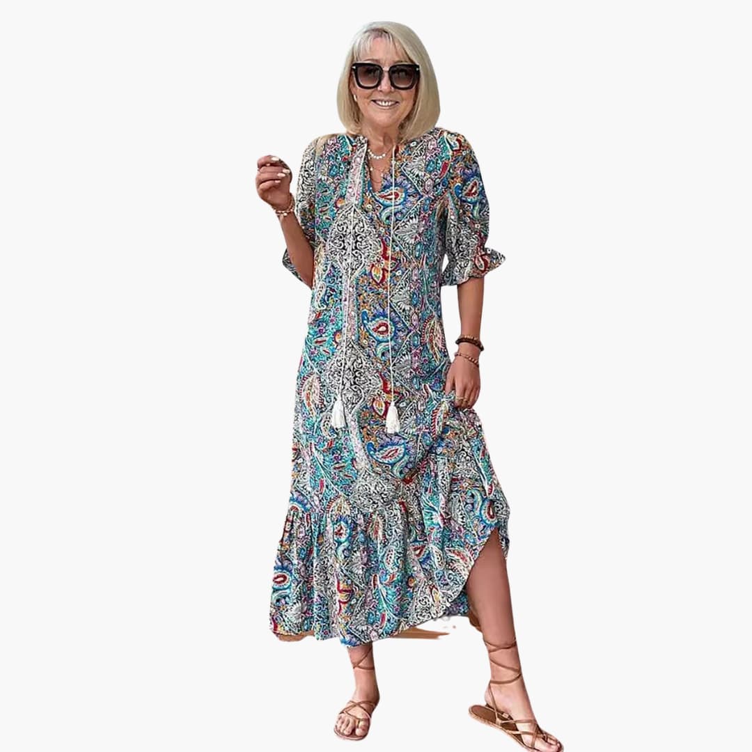 MW | Damen Boho-Midikleid mit halben Ärmeln und Paisley-Print