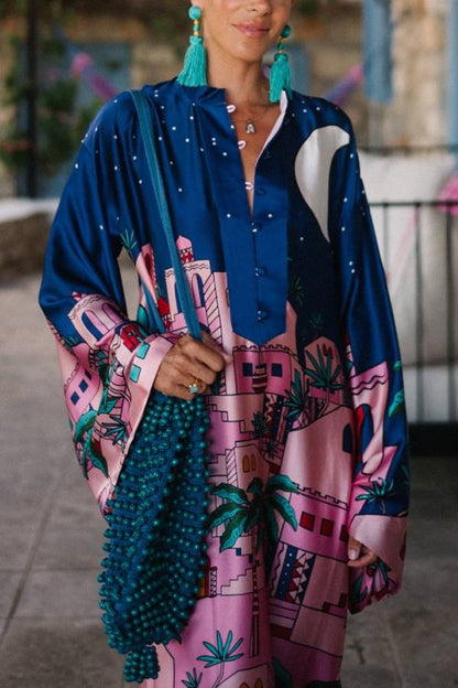 MW | Seaside Stroll Satin Einzigartiger Druck Button Up Langarm Schlitz Kaftan Midi Kleid