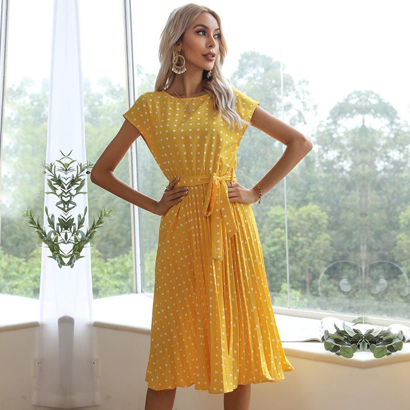 MW | Sommer Frauen Polka Dot Kurzarm Kleid Casual Bandage Party Plissee Midi Kleider Elegant Grün Büro Dame Kleidung