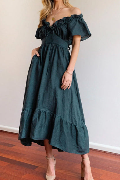 MW | GERÜSCHTER SAUM SCHULTERFREIES MIDIKLEID
