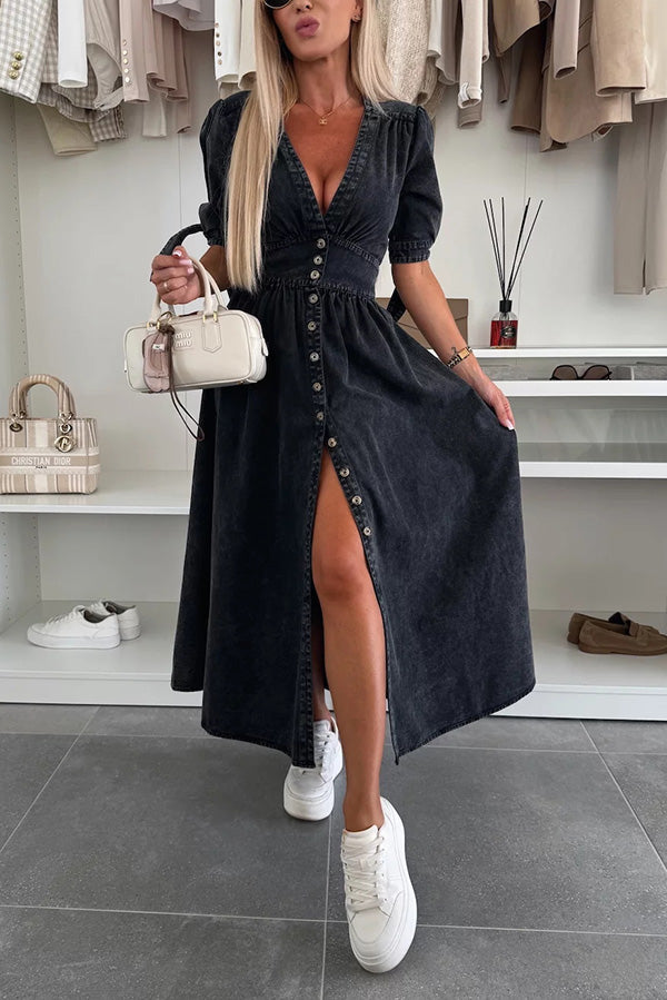 MW | Solide Farbe V-Ausschnitt Button-down Denim Midi-Kleid