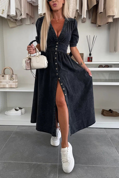 MW | Solide Farbe V-Ausschnitt Button-down Denim Midi-Kleid