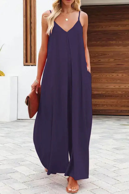 MW | Solide Farbe Seite Tasche lässig weites Bein Suspender Jumpsuit