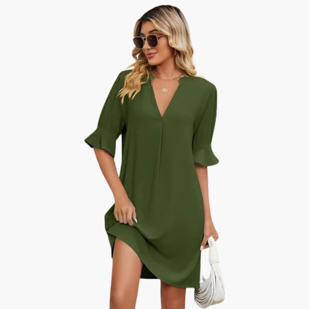 MW | Damen Midikleid mit V-Ausschnitt und halben Ärmeln für den Sommer