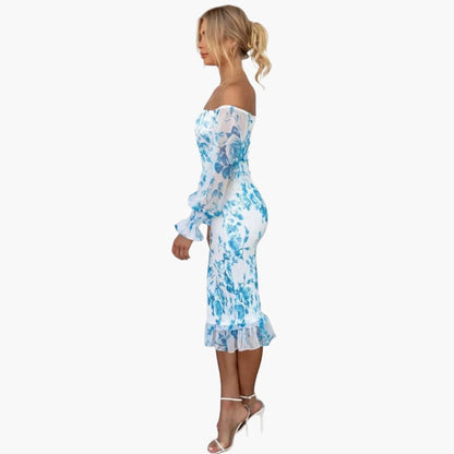 MW | Sommerliches Midikleid für Damen mit Blumendruck und transparenten Ärmeln