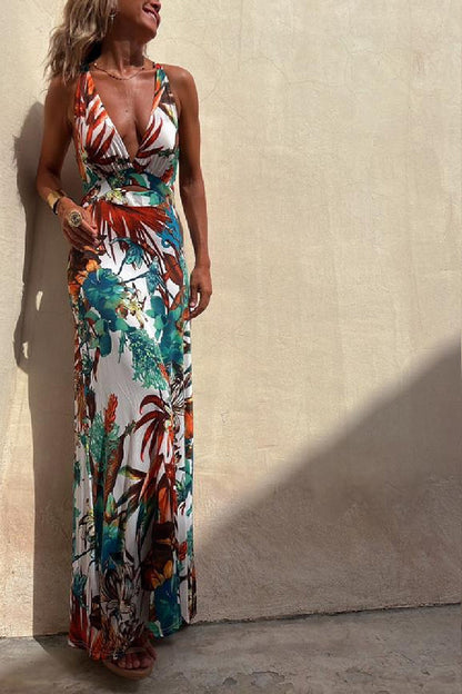 MW | RAINFOREST PARADISE TROPISCHEN DRUCK AUSSCHNITT ZURÜCK CROSSOVER STRETCH MAXI KLEID